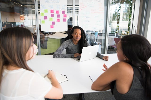 Three women having a meeting-gender diversity in tech