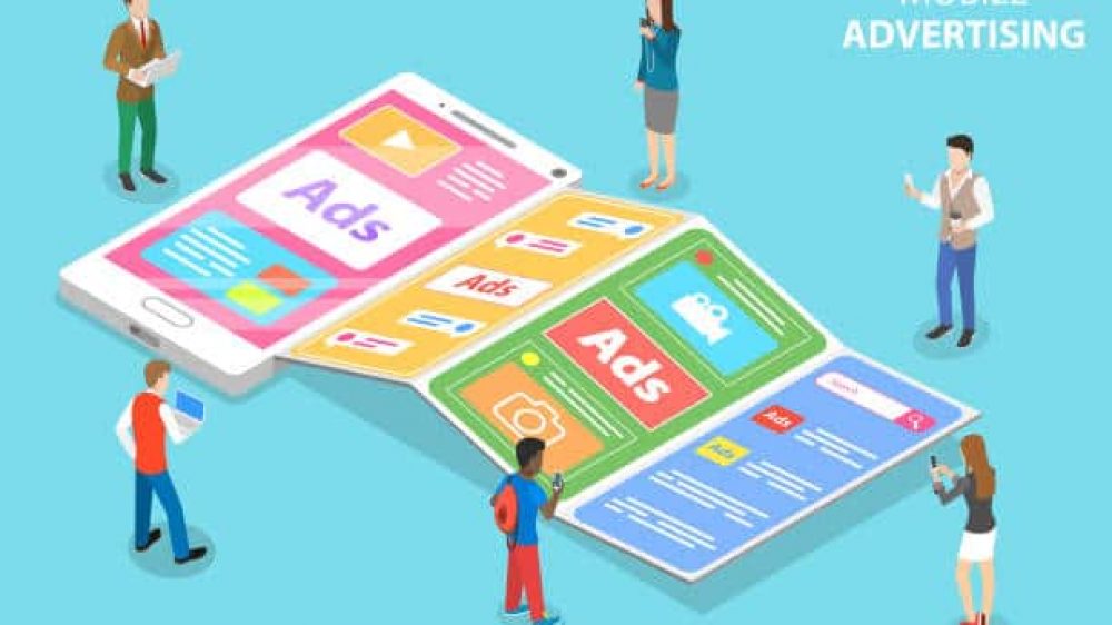 Flat isometric vector concept of mobile advertising, social media sponsored ads.